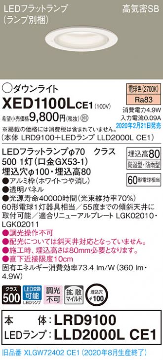 パナソニック Panasonic 70 LEDフラットランプ LLD2000LCE1 ファイ 拡散タイプ 電球色 出荷 LEDフラットランプ